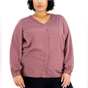 NWT ALFANI Maroon Geometric Long Sleeve V Neck Work Office Blouse Plus 1X